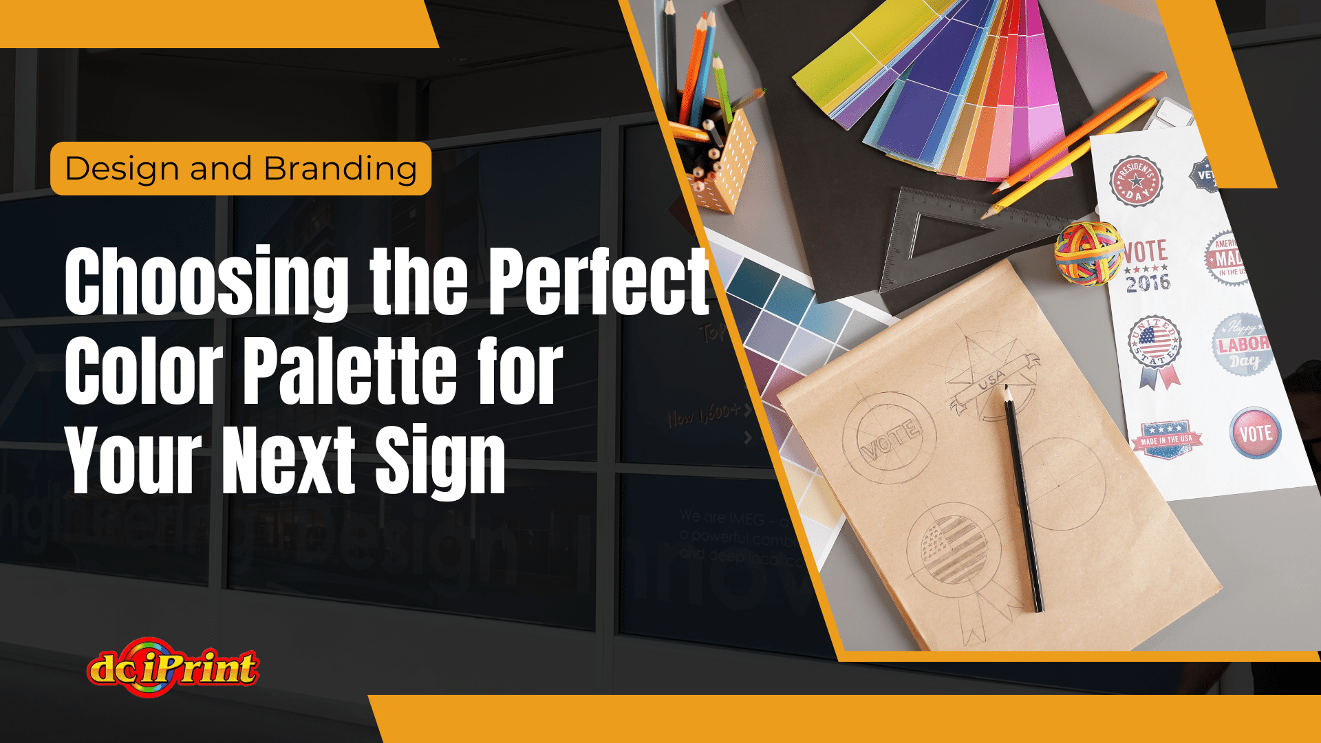 Design and branding advertisement featuring text about choosing a color palette, with design sketches, a pencil, and a color wheel on the side.