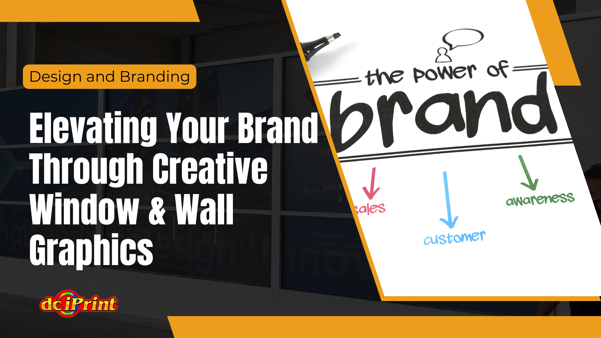Promotional graphic for DCI Print, featuring Elevating Your Brand Through Creative Window & Wall Graphics alongside a power of brand illustration.