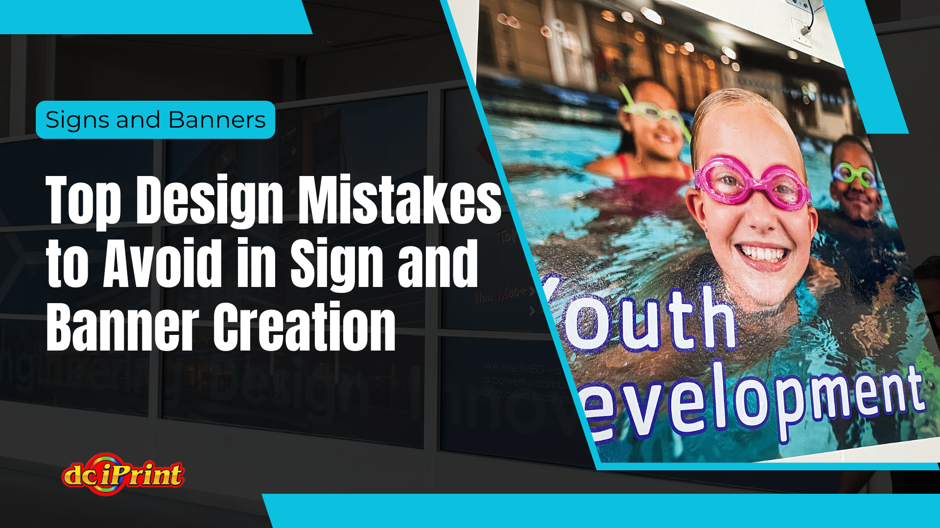 Image of a signage design featuring smiling children in a swimming pool with goggles, alongside a text about top design mistakes to avoid in sign and banner creation. Image of a signage design featuring smiling children in a swimming pool with goggles, alongside a text about top design mistakes to avoid in sign and banner creation.