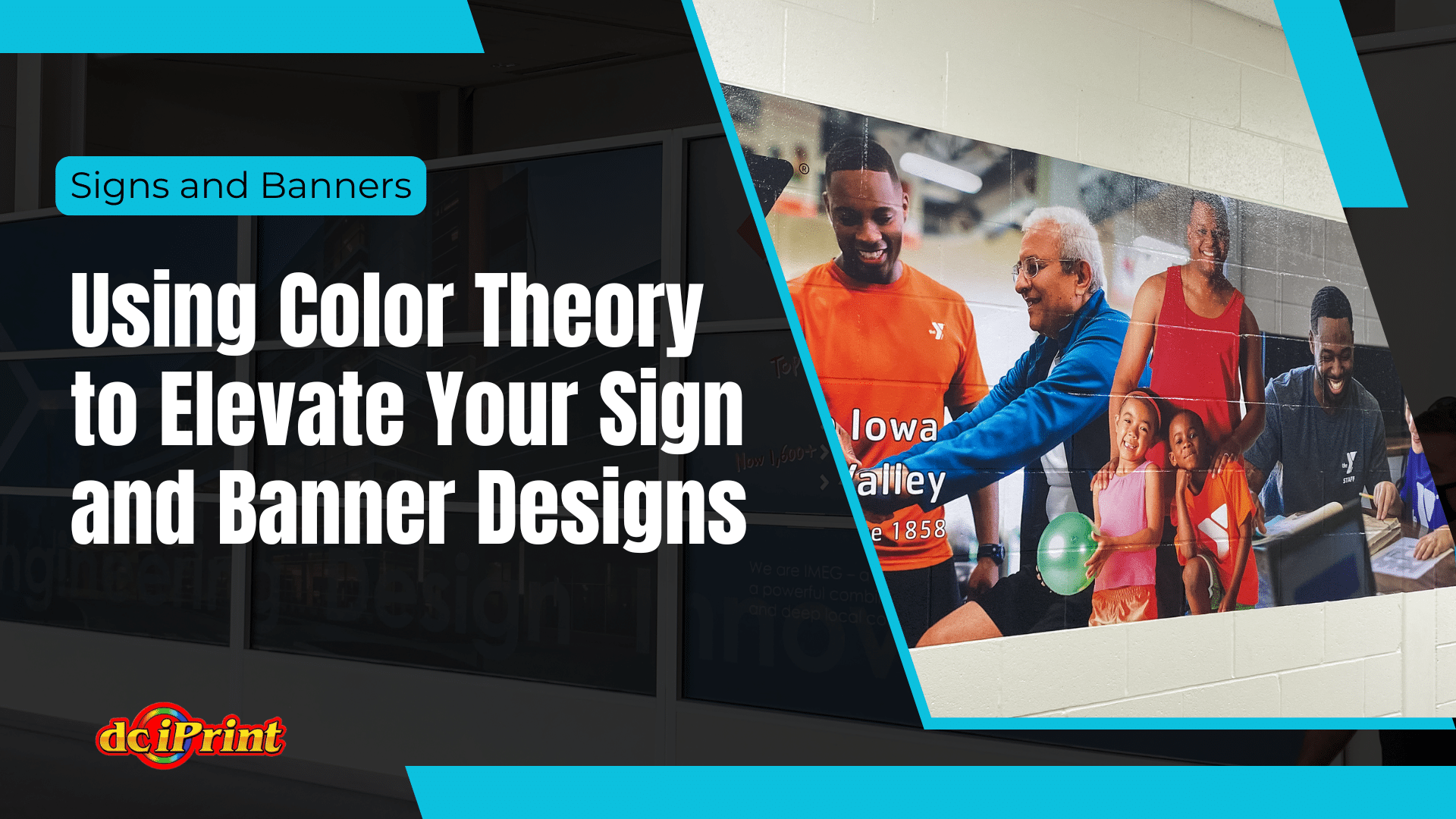 Workshop promotion on sign and banner design emphasizing color theory, featuring diverse group of people in a gym setting. Workshop promotion on sign and banner design emphasizing color theory, featuring diverse group of people in a gym setting.