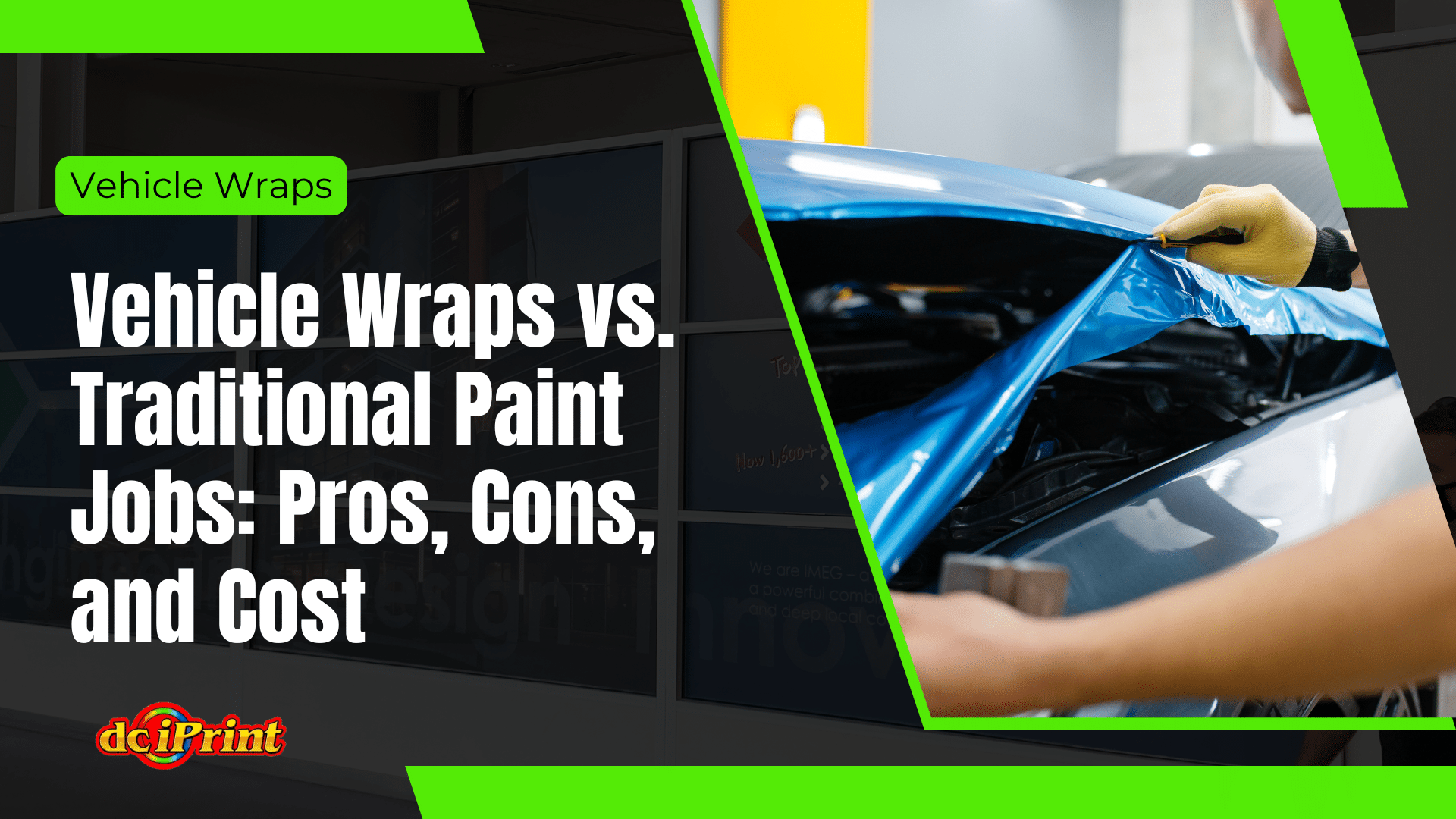 Person applying blue vehicle wrap to a car in a workshop. Text on image: Vehicle Wraps vs. Traditional Paint Jobs: Pros, Cons, and Cost.