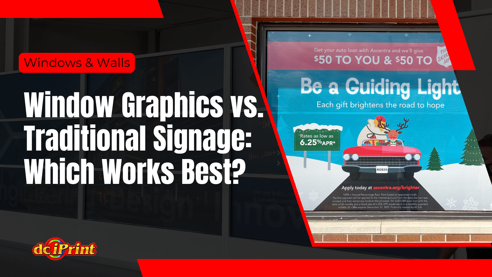 A display for Windows & Walls compares window graphics and traditional signage. The poster features a car on a snowy road, promoting a campaign with a $50 incentive. A display for Windows & Walls compares window graphics and traditional signage. The poster features a car on a snowy road, promoting a campaign with a $50 incentive.